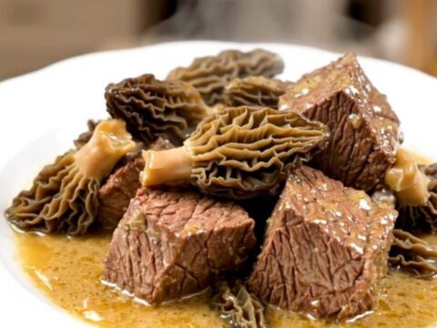 A close-up of tender braised beef cubes topped with morel mushrooms in a glossy, rich brown sauce on a white plate.