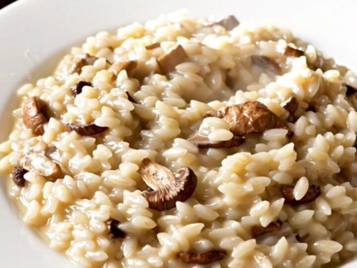 A top-down view of creamy porcini mushroom risotto in a white bowl, showing a glossy and steaming texture.
