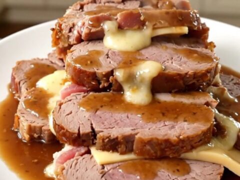 A slow cooker filled with a bacon and cheese stuffed veal roast surrounded by onions and herbs.