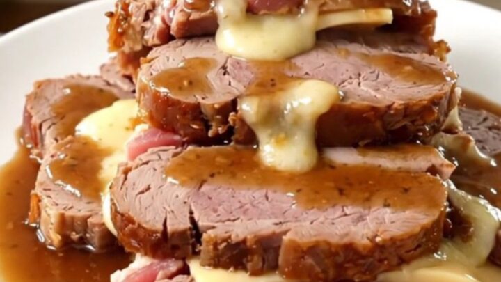 A slow cooker filled with a bacon and cheese stuffed veal roast surrounded by onions and herbs.