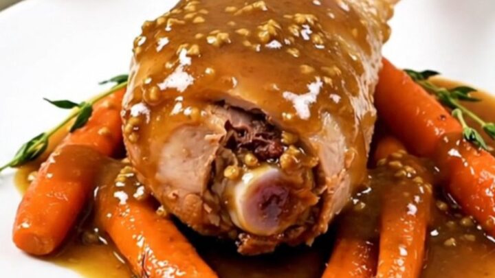 Close-up of golden brown honey mustard glazed turkey drumsticks with carrots on a white plate.