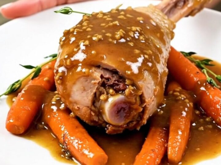 Close-up of golden brown honey mustard glazed turkey drumsticks with carrots on a white plate.