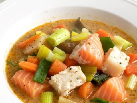 A steaming white bowl filled with creamy fish waterzooi, featuring chunks of white fish, salmon, leeks, and carrots.