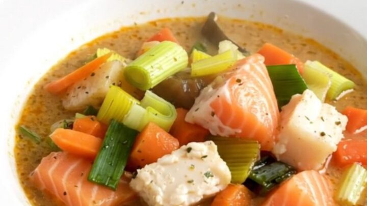 A steaming white bowl filled with creamy fish waterzooi, featuring chunks of white fish, salmon, leeks, and carrots.
