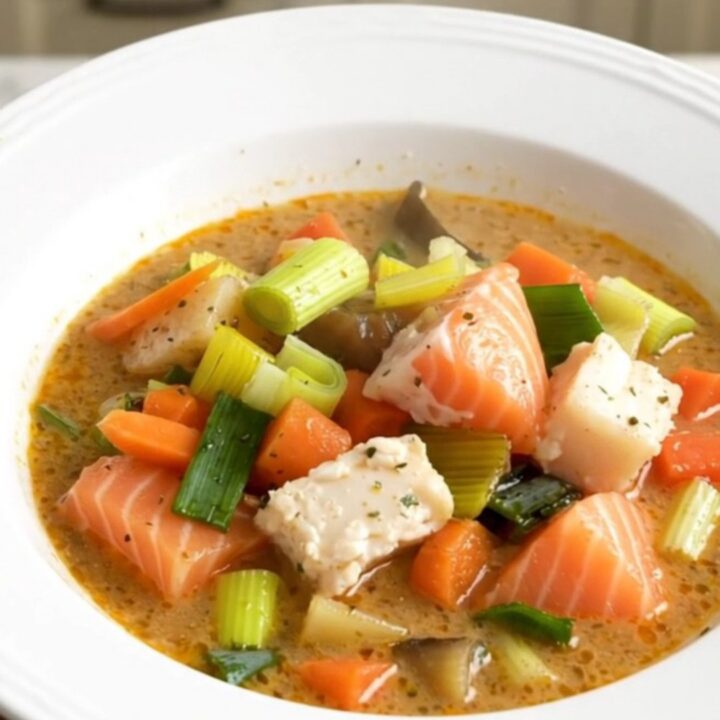A steaming white bowl filled with creamy fish waterzooi, featuring chunks of white fish, salmon, leeks, and carrots.