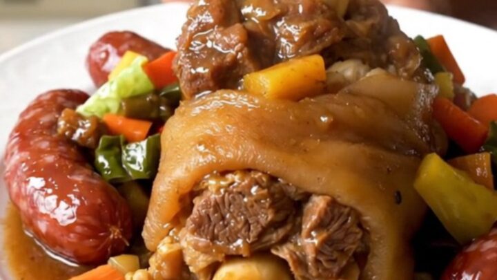 A rustic slow cooker filled with a hearty stew of pork shank, smoked sausages, cabbage, and root vegetables.