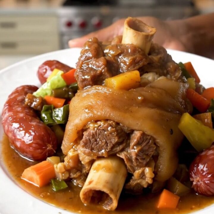 A rustic slow cooker filled with a hearty stew of pork shank, smoked sausages, cabbage, and root vegetables.