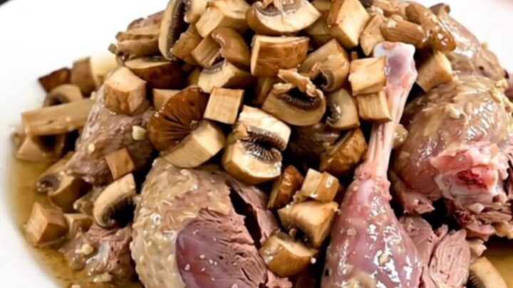 A close-up of slow-cooked guinea fowl with porcini mushrooms in a glossy white wine sauce on a white plate.