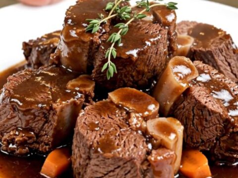 Slow cooked beef cheeks served in a rich red wine sauce with sliced carrots on a white plate.