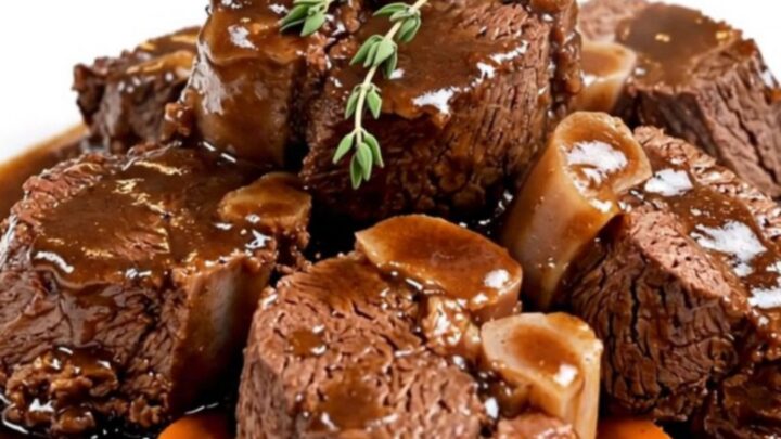 Slow cooked beef cheeks served in a rich red wine sauce with sliced carrots on a white plate.