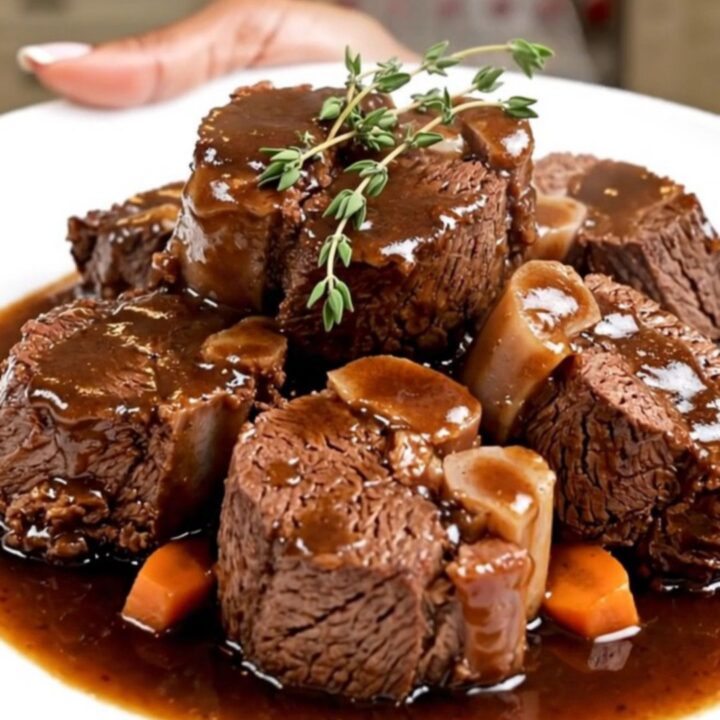 Slow cooked beef cheeks served in a rich red wine sauce with sliced carrots on a white plate.