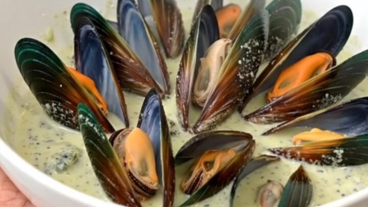 A top-down view of fresh mussels, shallots, Roquefort cheese, cream, and wine in a black slow cooker insert.