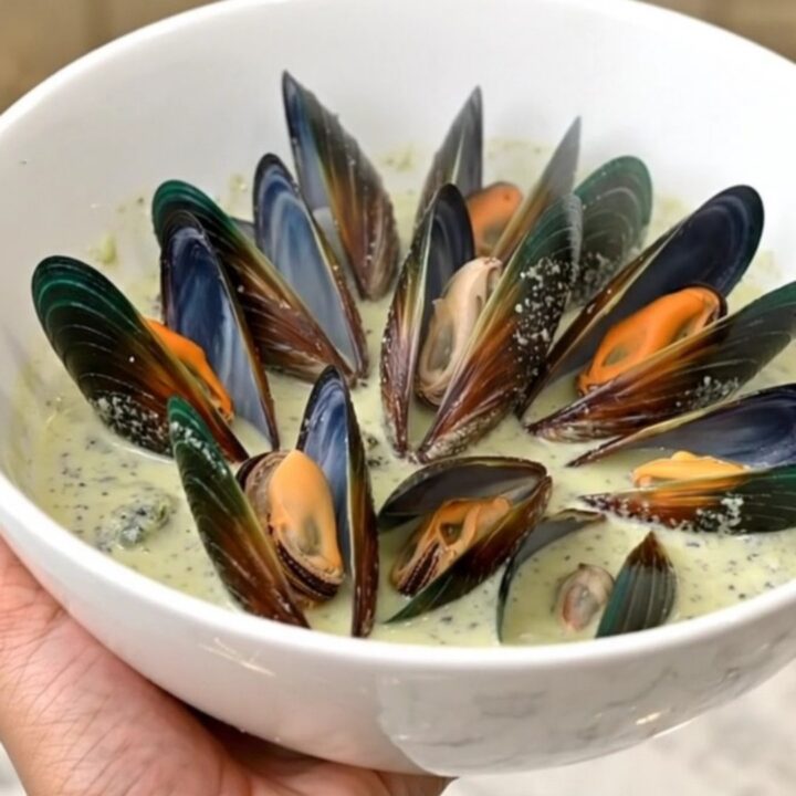 A top-down view of fresh mussels, shallots, Roquefort cheese, cream, and wine in a black slow cooker insert.