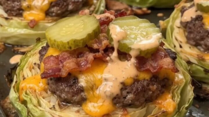 A close-up view of golden roasted cabbage rounds topped with juicy beef patties, crispy bacon, and melted cheddar.