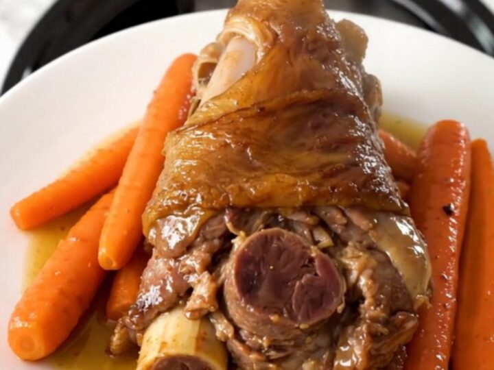 A rustic slow cooker filled with tender lamb shanks and sliced carrots in a savory wine reduction.