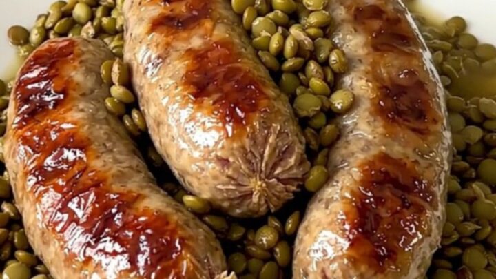 A top-down view of raw sausages, green lentils, and carrots being arranged in a slow cooker.