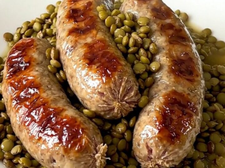 A top-down view of raw sausages, green lentils, and carrots being arranged in a slow cooker.