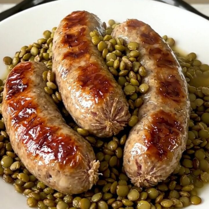 A top-down view of raw sausages, green lentils, and carrots being arranged in a slow cooker.