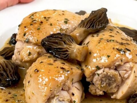 A top-down view of raw chicken, morels, and shallots in a slow cooker before cooking.