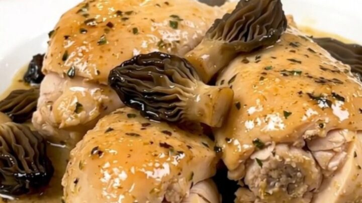 A top-down view of raw chicken, morels, and shallots in a slow cooker before cooking.