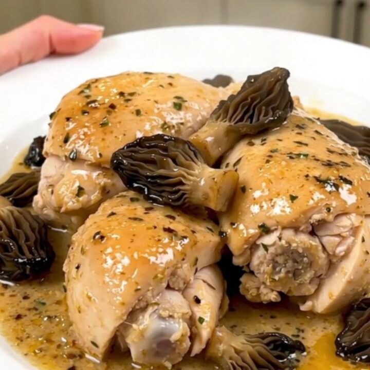 A top-down view of raw chicken, morels, and shallots in a slow cooker before cooking.