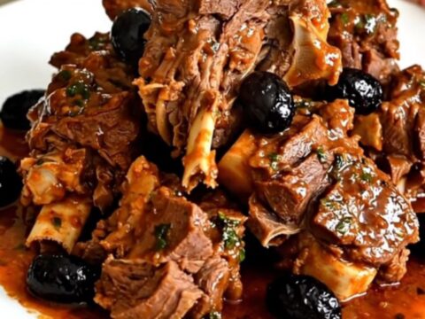 A rustic slow cooker filled with tender lamb neck pieces, black olives, and a rich, fragrant tomato sauce.