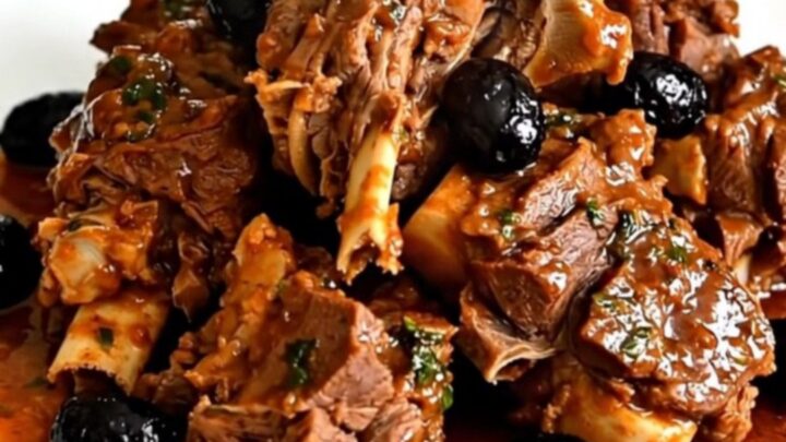 A rustic slow cooker filled with tender lamb neck pieces, black olives, and a rich, fragrant tomato sauce.