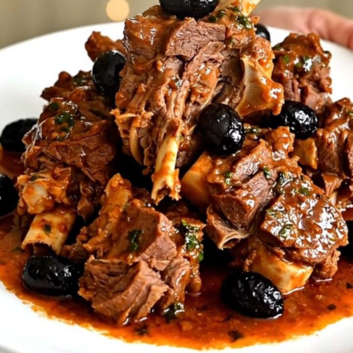 A rustic slow cooker filled with tender lamb neck pieces, black olives, and a rich, fragrant tomato sauce.