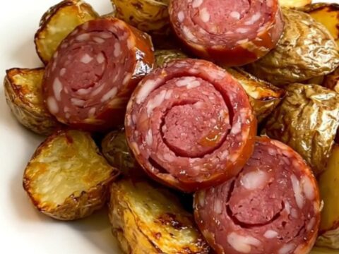 A rustic slow cooker filled with steaming Morteau sausage, tender potato chunks, and sliced onions in a savory broth.