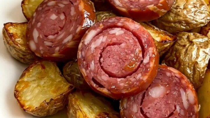 A rustic slow cooker filled with steaming Morteau sausage, tender potato chunks, and sliced onions in a savory broth.