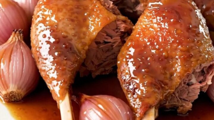 Close-up of slow-cooked, glossy honey balsamic duck legs served on a white plate with tender shallots.