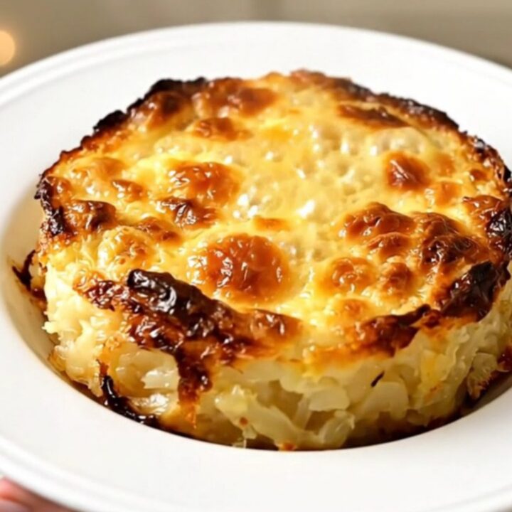 A steaming, golden Savoyard crozet gratin served on a plain white plate, showing a creamy and rich texture.
