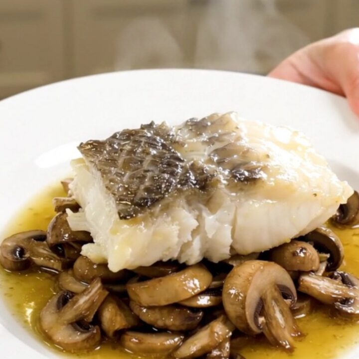 A plate of tender monkfish medallions braised with mushrooms and herbs.
