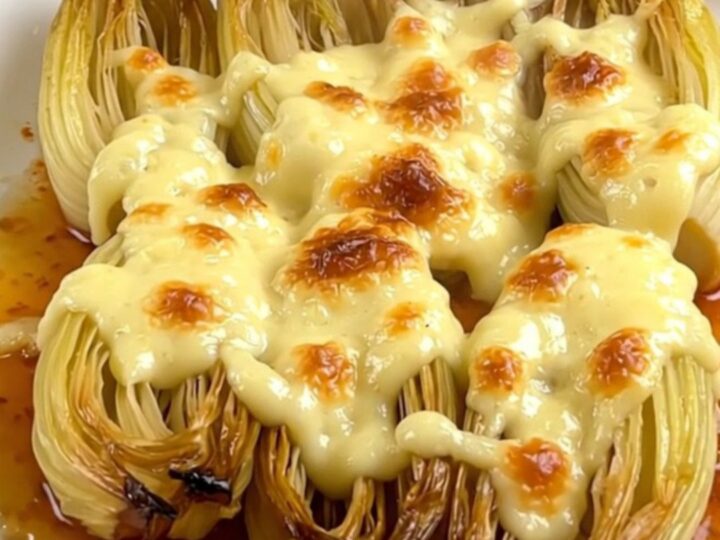 Braised endives coated in a glossy, melted Comté cheese sauce in a slow cooker.