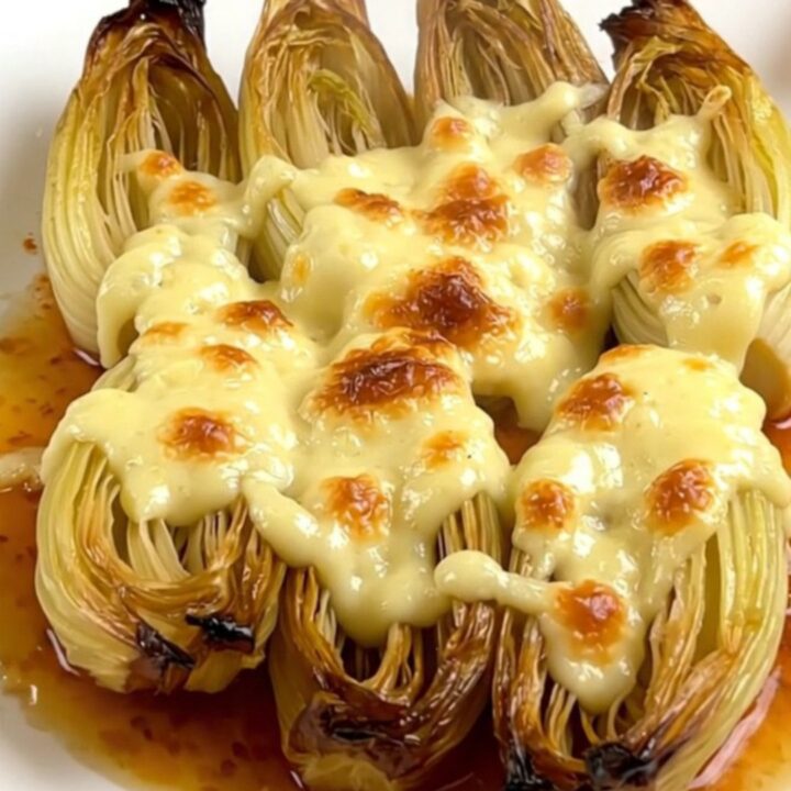 Braised endives coated in a glossy, melted Comté cheese sauce in a slow cooker.