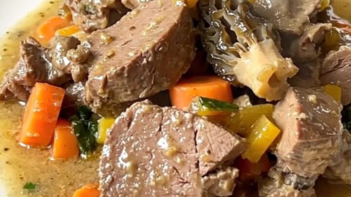A steaming bowl of veal blanquette with carrots and morel mushrooms in a creamy sauce.