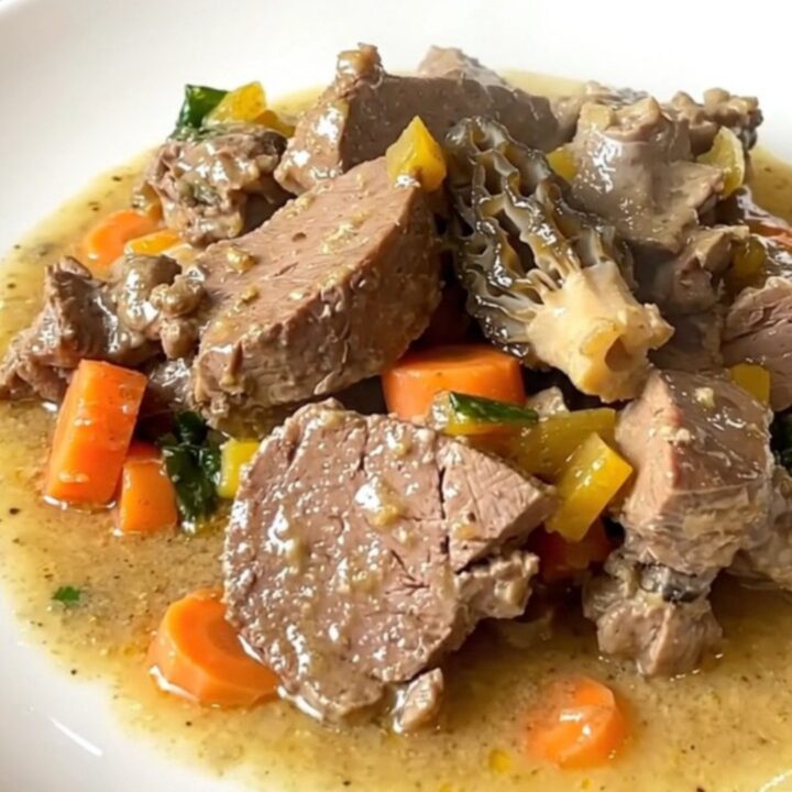 A steaming bowl of veal blanquette with carrots and morel mushrooms in a creamy sauce.