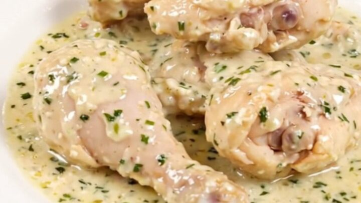 A close-up of creamy garlic and herb slow cooker chicken served on a white plate.