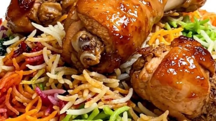 A steaming, glossy spiced chicken biryani served on a plain white plate held by a hand in a bright kitchen.