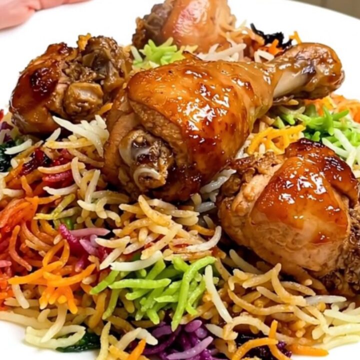 A steaming, glossy spiced chicken biryani served on a plain white plate held by a hand in a bright kitchen.