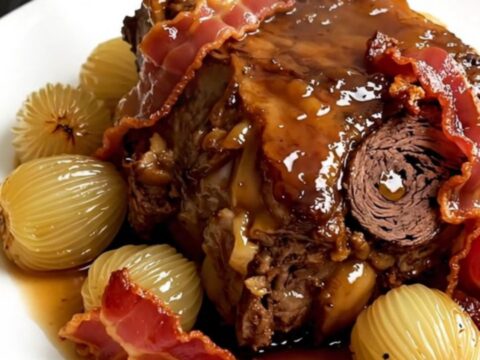 A rustic slow-cooked lamb shoulder with pearl onions and bacon on a white plate.