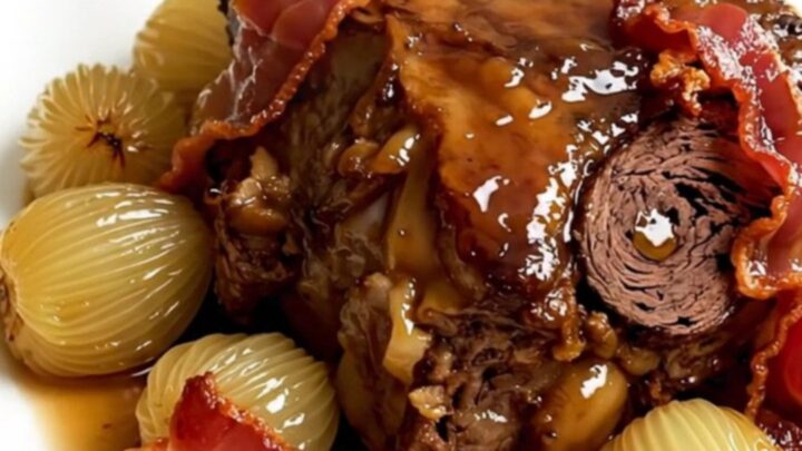 A rustic slow-cooked lamb shoulder with pearl onions and bacon on a white plate.