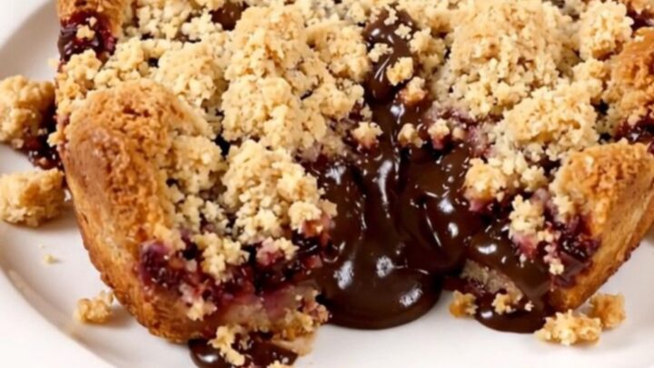 A close-up of a warm pear and chocolate chip crumble in a slow cooker, showing golden topping and melted chocolate.
