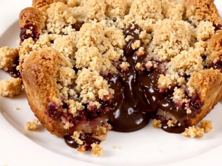 A close-up of a warm pear and chocolate chip crumble in a slow cooker, showing golden topping and melted chocolate.