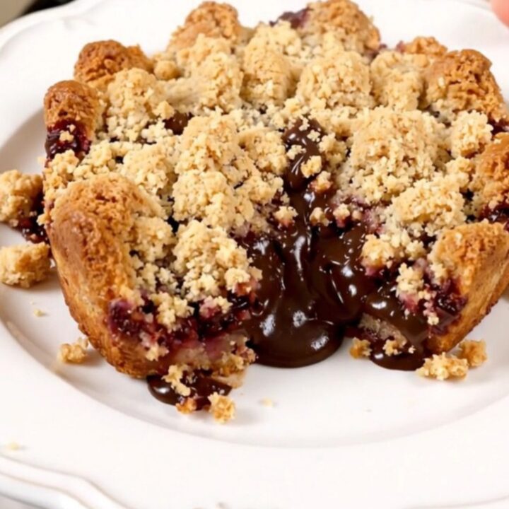 A close-up of a warm pear and chocolate chip crumble in a slow cooker, showing golden topping and melted chocolate.