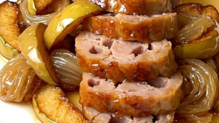 A white plate with sliced boudin blanc sausage and caramelized apple wedges in a cider sauce.