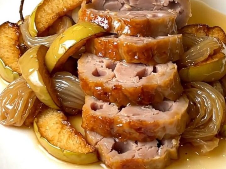 A white plate with sliced boudin blanc sausage and caramelized apple wedges in a cider sauce.