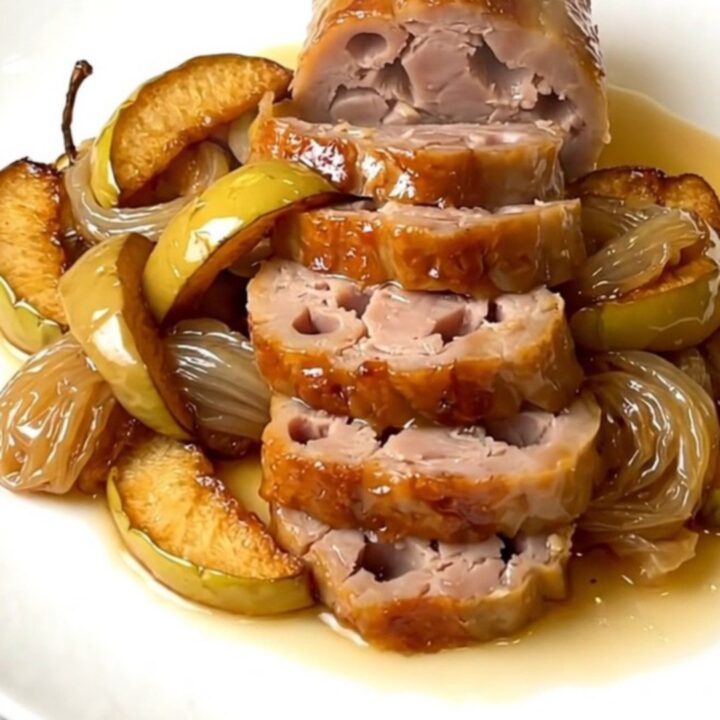 A white plate with sliced boudin blanc sausage and caramelized apple wedges in a cider sauce.