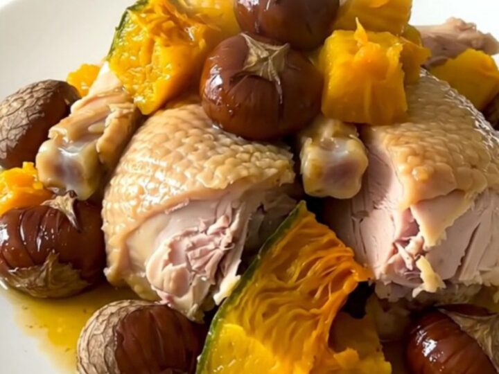 A steaming, glossy slow cooker turkey with pumpkin chunks served on a plain white round plate.