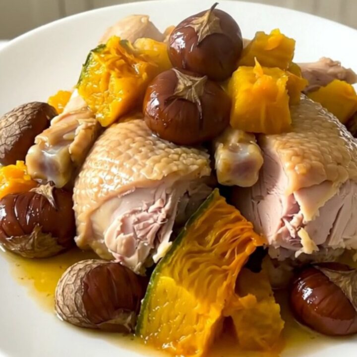 A steaming, glossy slow cooker turkey with pumpkin chunks served on a plain white round plate.